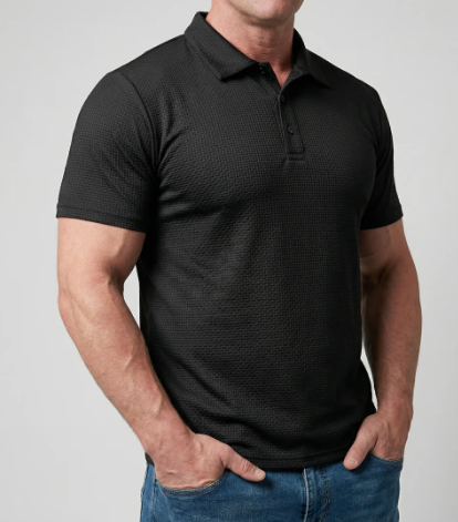 Model wearing Confidence Polo in black